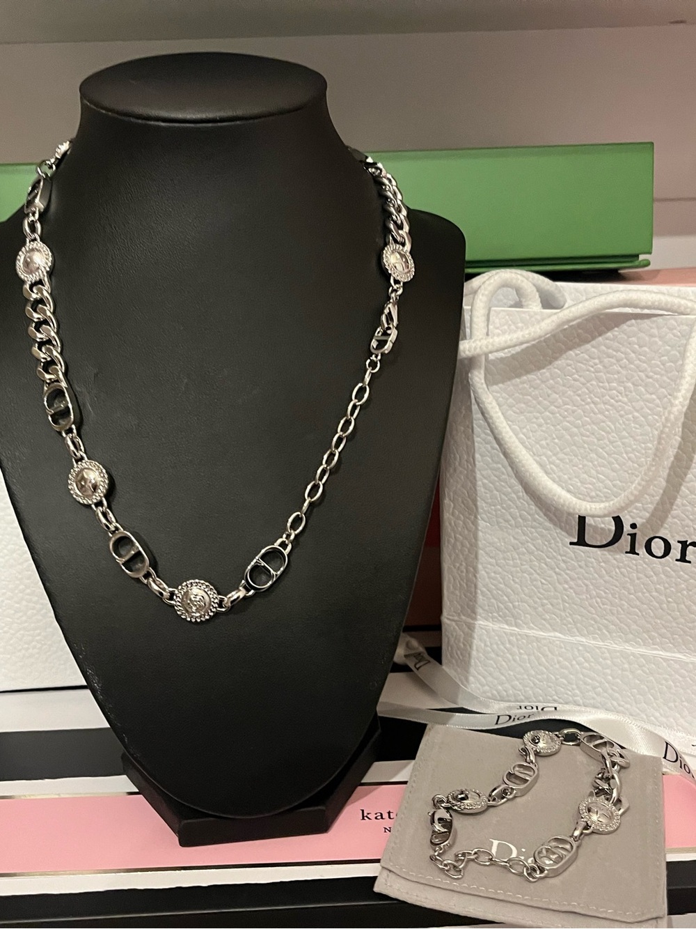 Dior Silver-Tone Chain Necklace with Medallion Accents